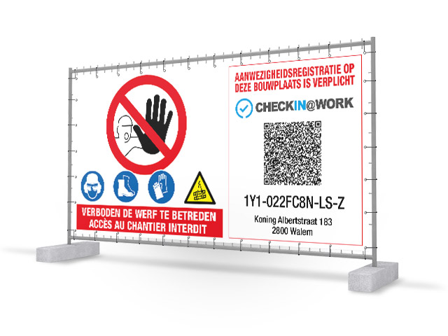 Werfdoek of hekwerkbanner met QR code check in at work (CIAW) en veiligheids pictogrammen van gebodsborden voor bouw werf